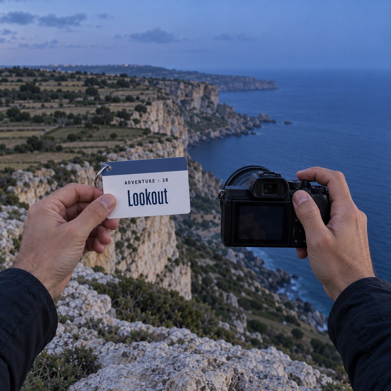 Hands holding a camera on the Dingli Cliffs in Malta after sunset; in the other hand the Lookout sheet