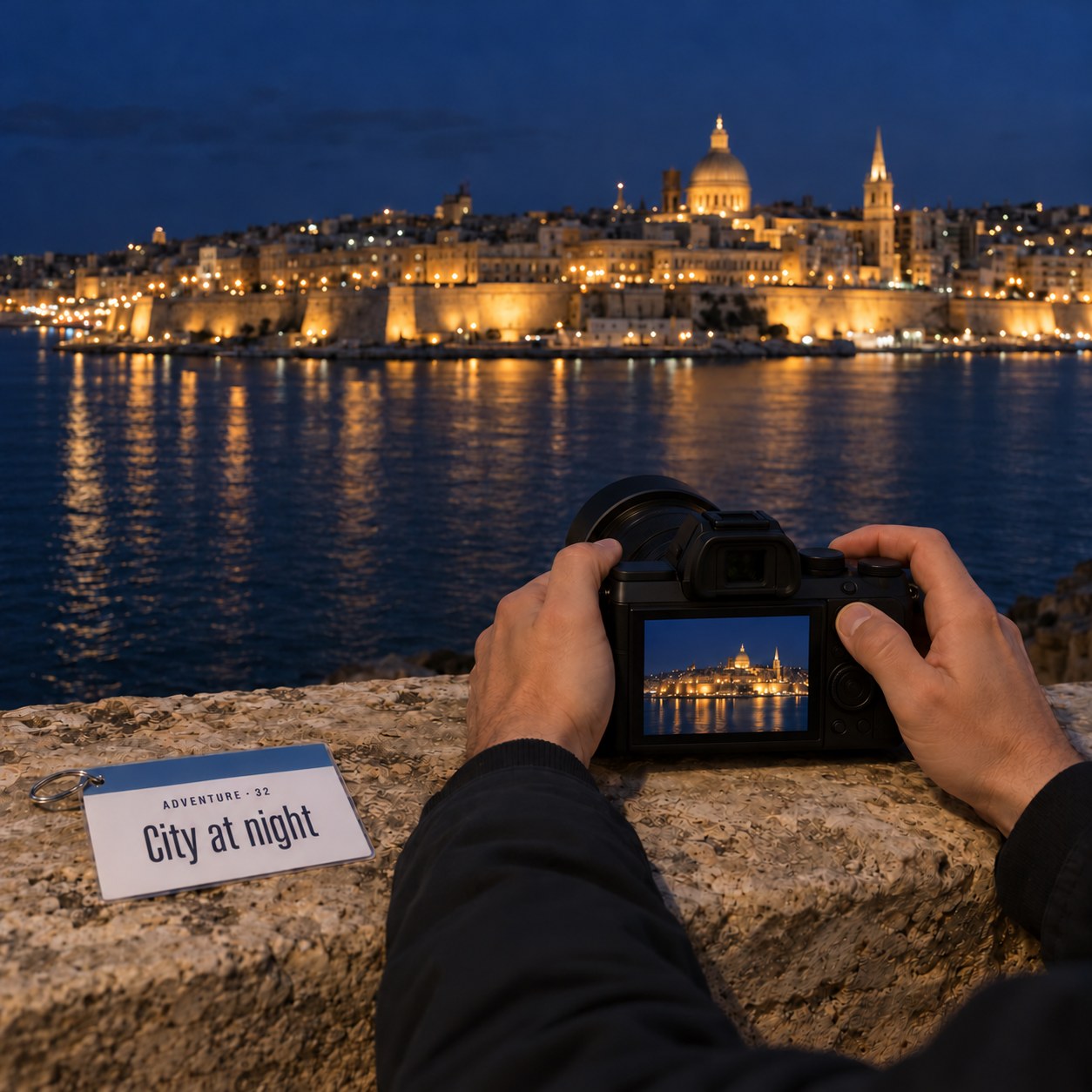 Hands steadying a camera on a parapet at Tigne Point, with Valletta lit up across the harbour, next to the City at night sheet
