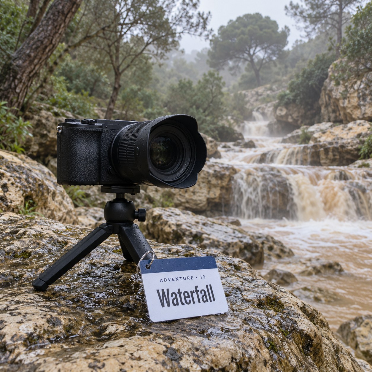 A camera on a mini tripod beside the Steall Falls in Glen Nevis, with the Waterfall sheet leaning against the tripod leg
