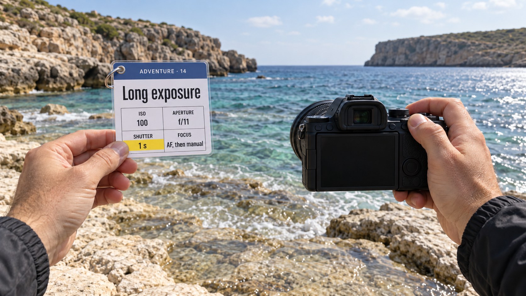 Hands holding a camera in front of the sea on the rock shelf at Għar Lapsi in Malta, with a Long exposure cheat sheet showing four numbers in the other hand